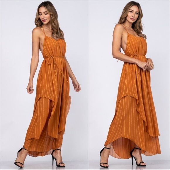 New STUNNING Women’s Caramel Layered Open Back Sexy Elegant Maxi Dress - Picture 3 of 6